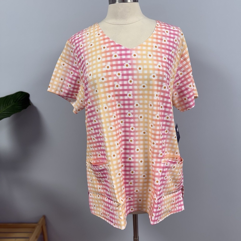NWT Zoe + Chloe Scrub Top 2X Daisy Picnic Plaid Pink & Yellow Scrubs Nurse RN